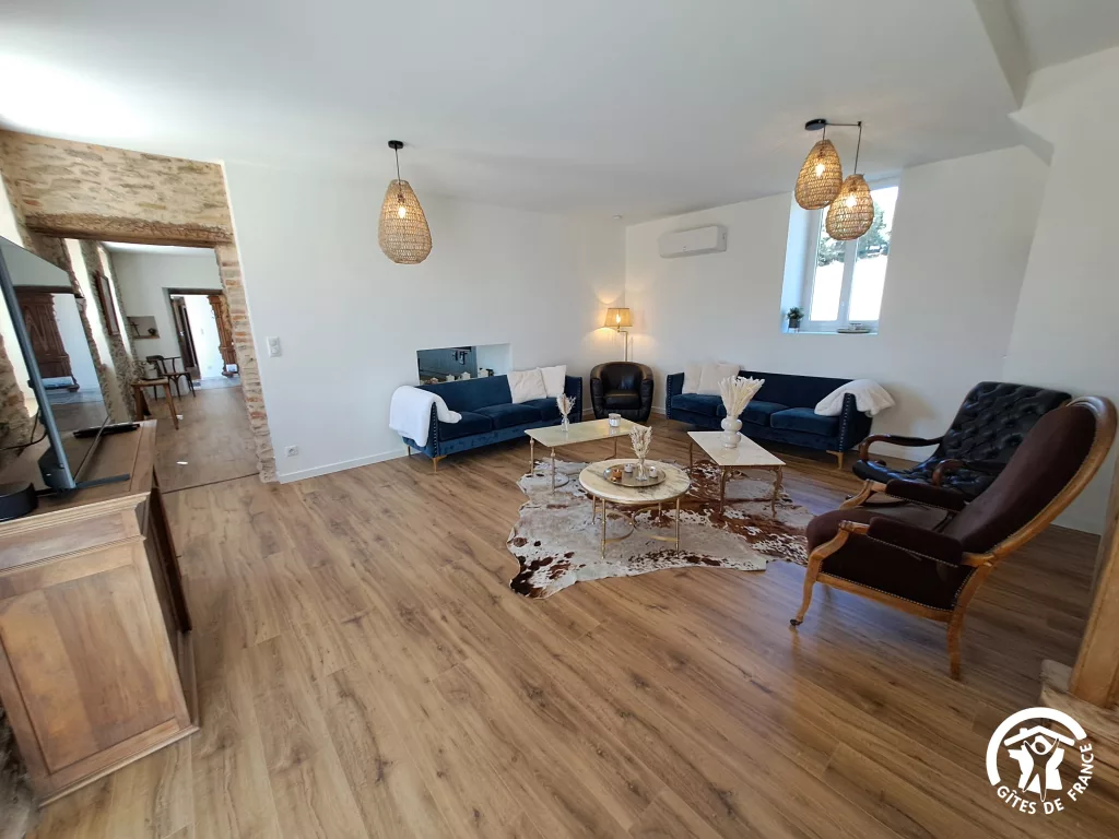 Salon avec canapés bleus et fauteuils