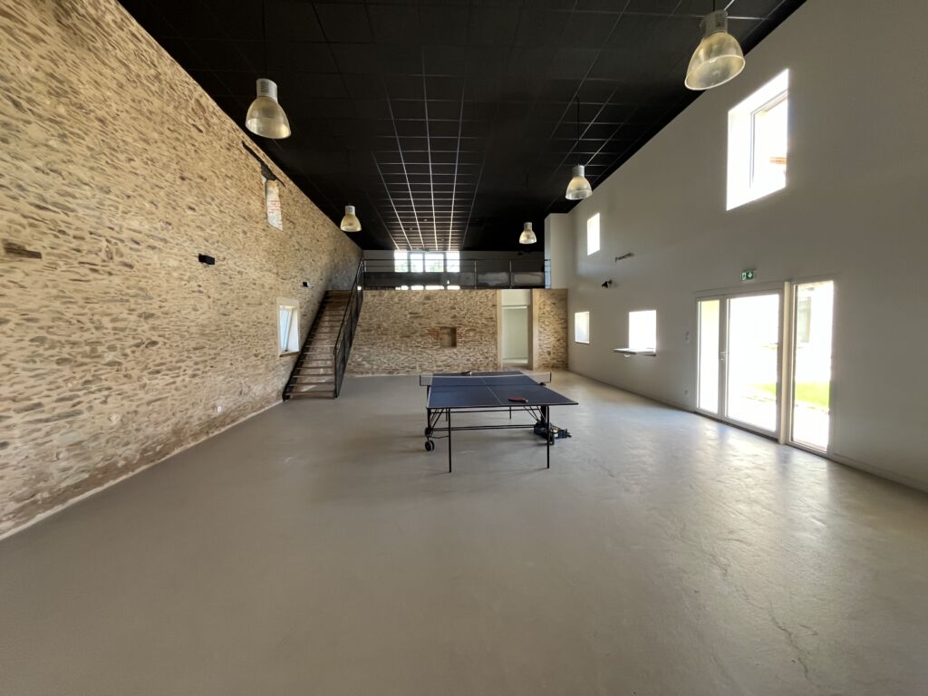 Grande salle lumineuse avec table de ping-pong
