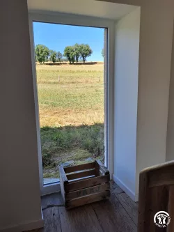 Vue sur la pelouse depuis une porte-fenêtre au Domaine des Hirondelles