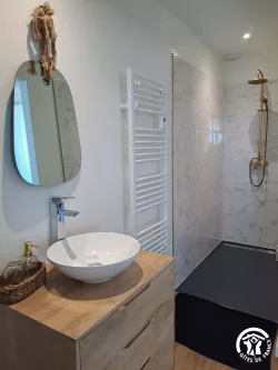 Salle d’eau avec miroir et douche au Domaine des Hirondelles
