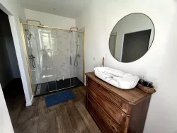 Salle de bain avec douche et vasque au Domaine des Hirondelles